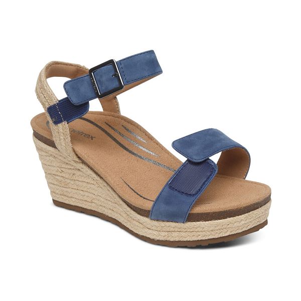 Aetrex Women's Sydney Quarter Strap Espadrille Wedge Sandals - Blue | USA 7TAMG55